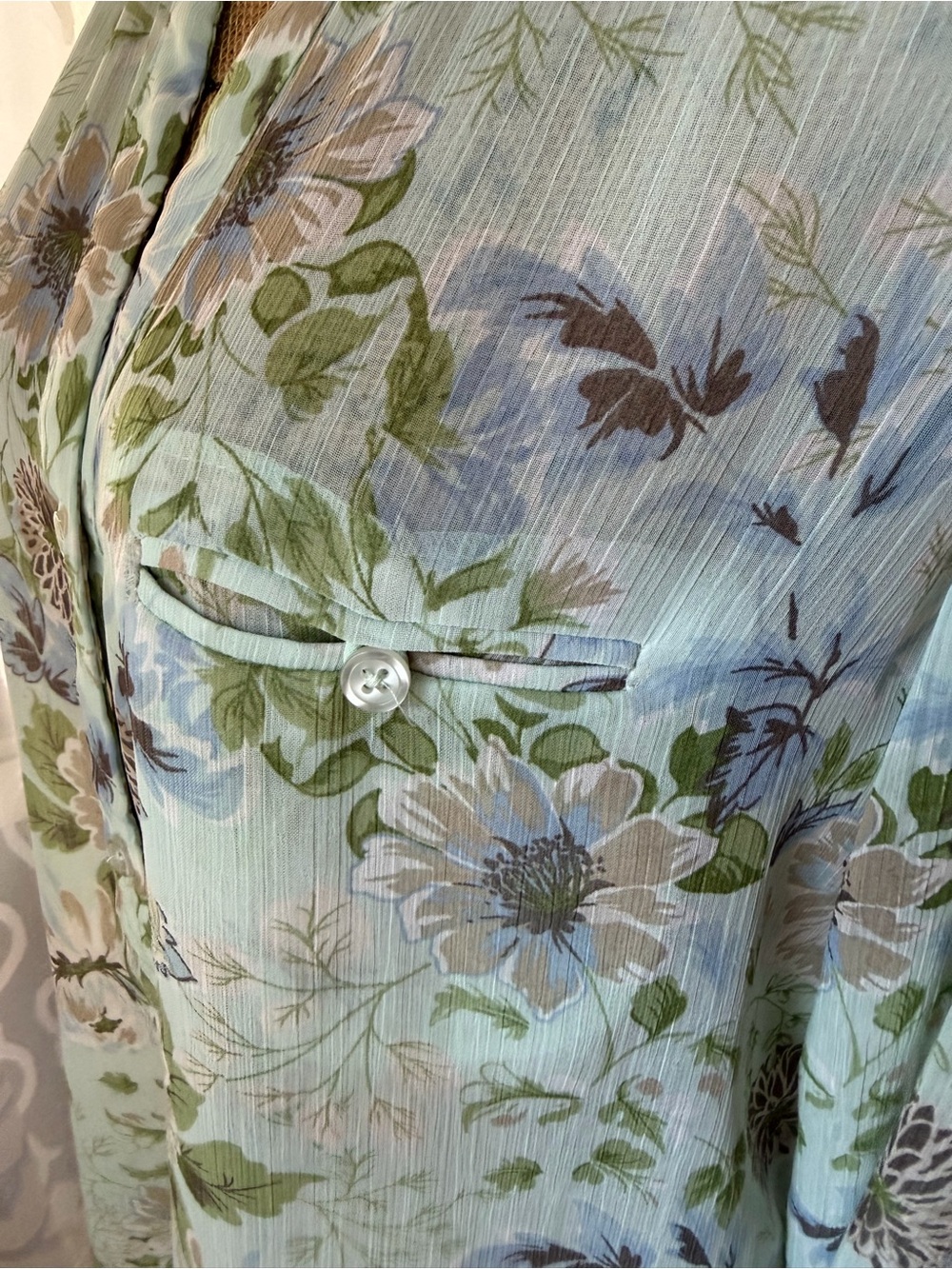 KUT From The Kloth Floral Chiffon Blouse Sheer Mint Blue Size L - Picture 4 of 10